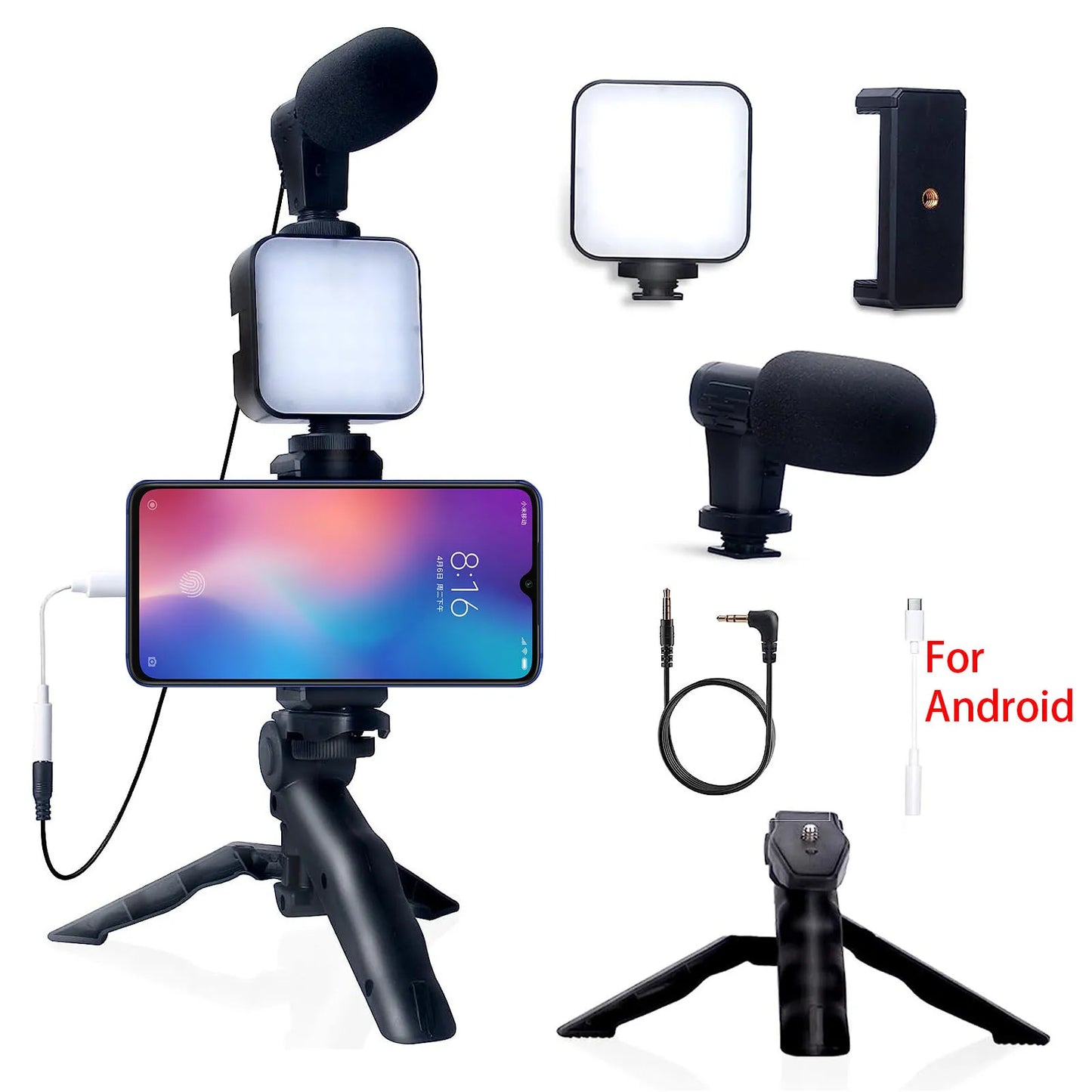 Phone Holder 5 in 1 Vlogging Kit with Lighting Smartphone video kit Microphone LED Salfi Tripod