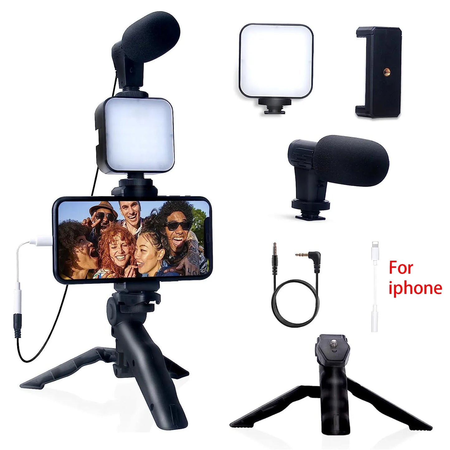 Phone Holder 5 in 1 Vlogging Kit with Lighting Smartphone video kit Microphone LED Salfi Tripod